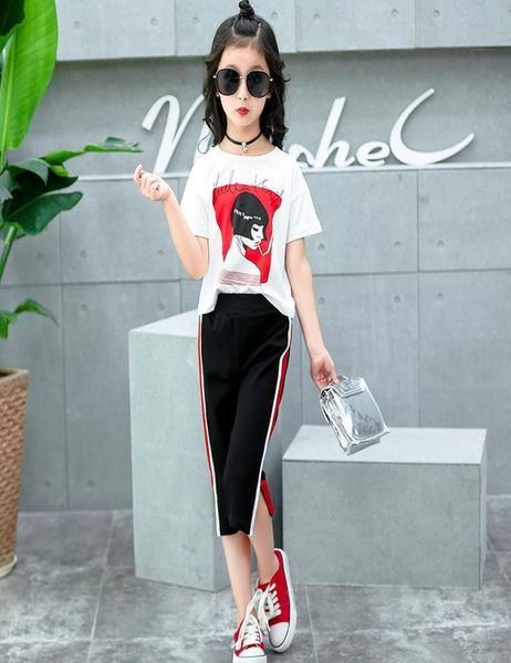 

2018 new girls clothing sets teens kids clothes suit children short sleeve tshirt pants 414 ages y18928077835916, White