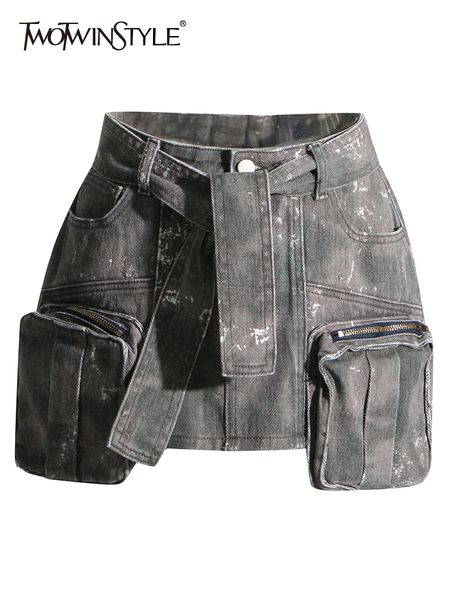 

skirts twotyle a line for women high waist short length patchwork lace up camouflage denim skirt female summer fashion 230703, Black