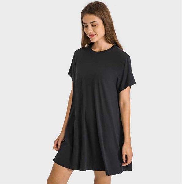 

lulus french round neck yoga clothes outdoor casual dresses skin friendly nake feeling t-shirt dress fashion brand soft loose pleated skirts, Black;gray