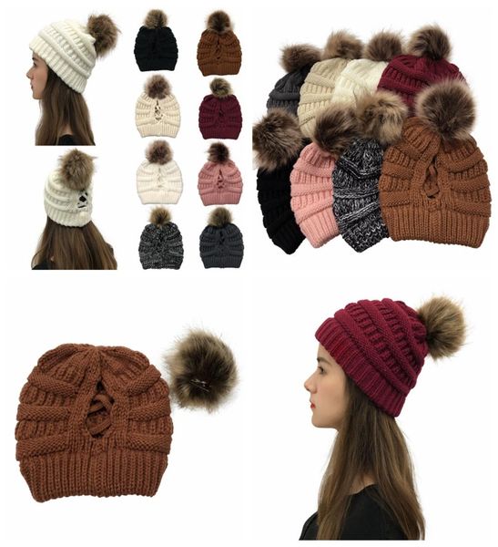 

women knitted ponytail caps criss cross pom pom beanie winter warm outdoor skull caps detachable removable pompom party hats dda575460989, Yellow