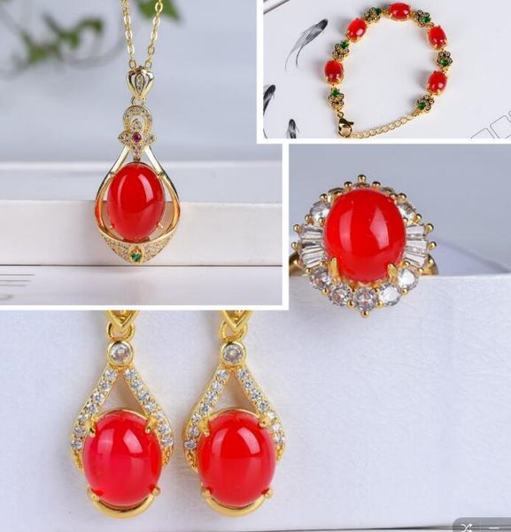 

natural cherry red agate pendant necklace bracelet ring earrings set 4 piece jewelry set, Silver
