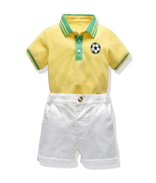 

boys summer clothes new baby football print polo collar shirt shorts suit children sportswear 2 piece set8282116, White