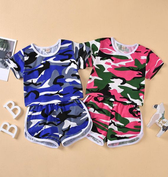 

boy girls cotton short sleeved suit camouflage pattern round neck short pants 2pcs outfit3756518, White