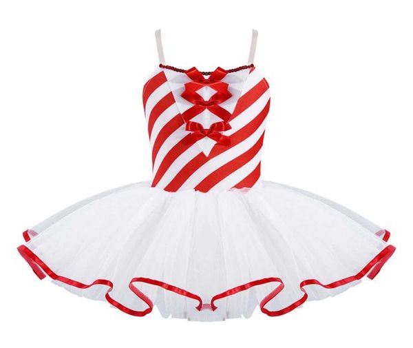 

sleeveless adjustable straps bowknot striped tutu dress kids girls gymnastics figure ice skating dress christmas dance costume g105970637, Red;yellow