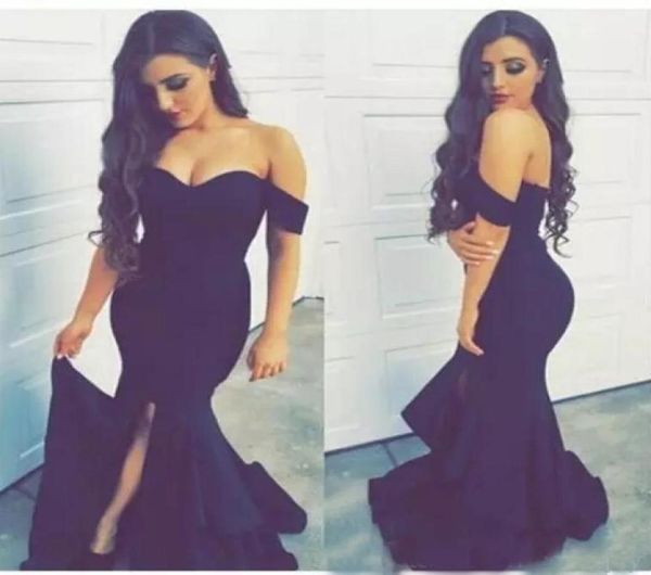 

2019 off the shoulder long prom dresses mermaid side slit arabic black satin saudi arabia dubai formal evening gowns with ruf4570962