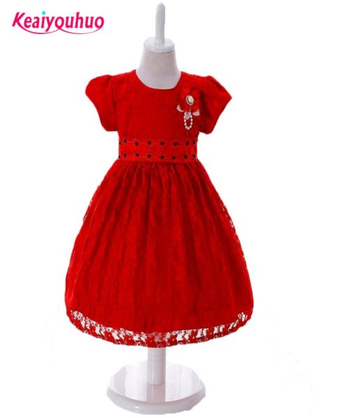 

girls party dresses 2017 summer short sleeve flower lace bow princess girl dress children kids wedding 1 year birthday dresses2254576, Red;yellow