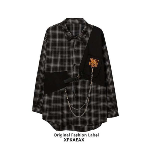 

men polo original trendy brand niche functional style patchwork plaid shirt men's long sleeve spring and autumn loose shirt china-chic, White;black