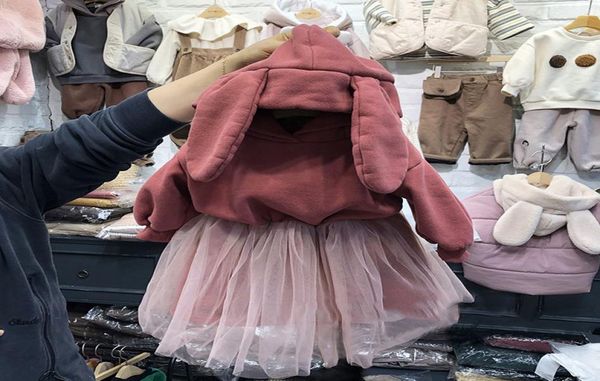 

winter girls velvet warm dresses kids rabbit ear hooded long sleeve sweatshirt splicing lace tulle dress children gauze princess c2178076, Red;yellow