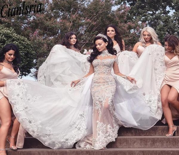 

luxurious rhinestone crystal wedding dress high neck beads applique long sleeves mermaid bridal dresses gorgeous dubai wedding gow4826666, White