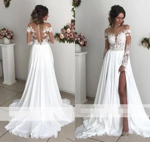 

exquisite lace chiffon aline wedding dresses 2019 sheer neck long sleeves side split sweep train back cover buttons country brida2648008, White