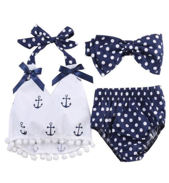 

toddler infant baby girls clothes anchors shirt polka dot briefs head band 3pcs outfits set8954637, White