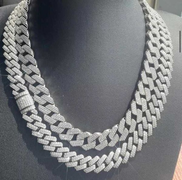 

2 row 15mm width solid s925 sterling silver iced out moissanite necklace pass tester diamond cuban link chain