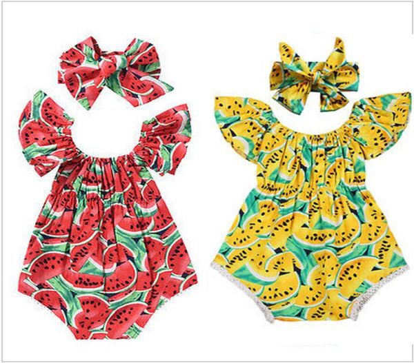 

baby girl summer rompers infant casual jumpsuit bow headbands 2pcsset watermelon print playsuit clothing flying sleeves outfits7299254, Blue