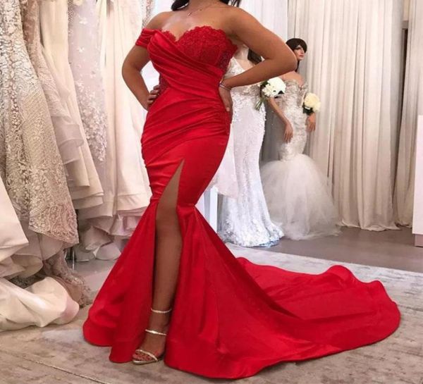

high side split long sweep mermaid evening dresses with applique ruched one shoulder red prom vestidos3197607, Black;red