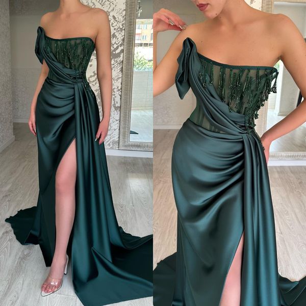 

elegant dark green evening gown strapless split illusion beading party prom dresses sweep train formal long dress for red carpet special occ, Black;red