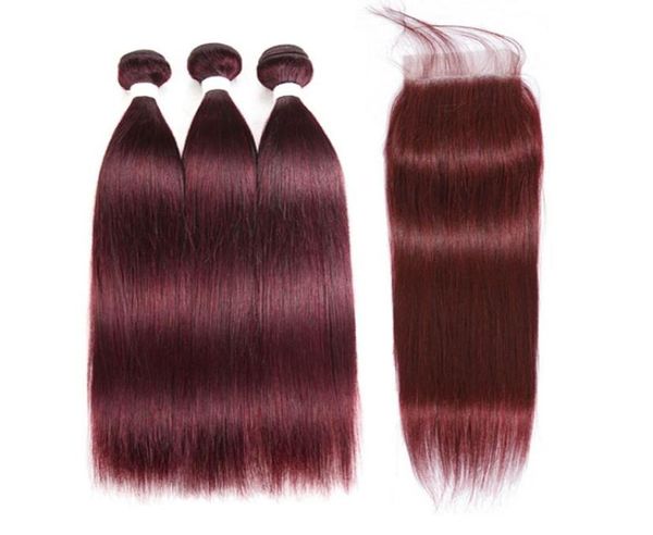 

99j straight bundle with closure brazilian remy human hair burgundy red colored 3 bundles with 4x4 lace closures7273019, Black;brown