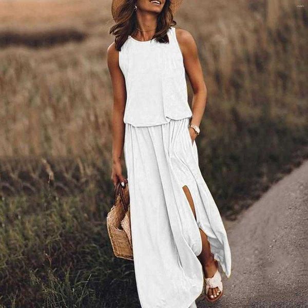 

dresses casual sleeveless long maxi dress women summer side slit designer style fashion sundress female solid loose, White
