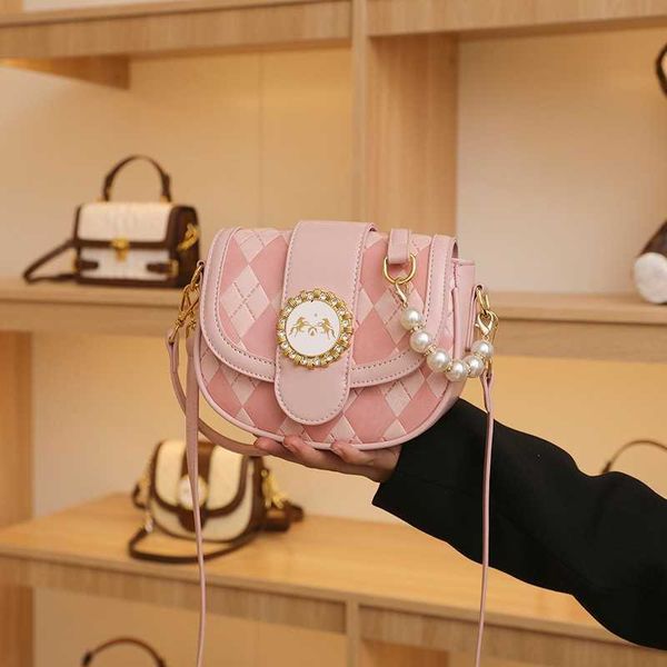 

bag for women versatile and fashionable one shoulder crossbody bag cute pink diamond grid niche new semi round saddle bag