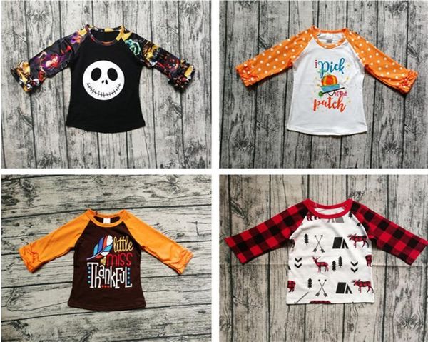

halloween christmas baby clothes kids girls ruffled sleeve tshirts toddler newborn skull letter pumpkin cotton raglan kids c8240338, Blue