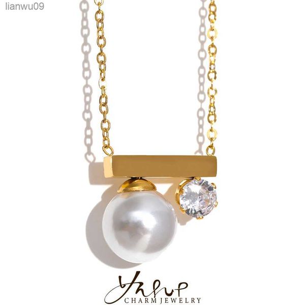 

yhpup stainless steel imitation pearl cubic zirconia exquisite necklace golden chain fashion charm collar korean jewelry women l230704, Silver