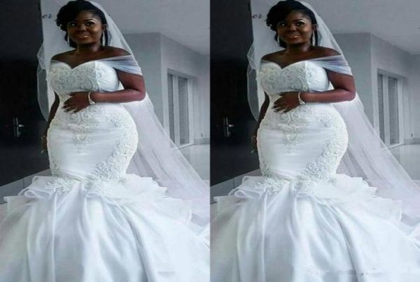 

2020 new south african plus size mermaid wedding dresses off shoulder lace appliques beaded arabic sweep train formal bridal5881837, White