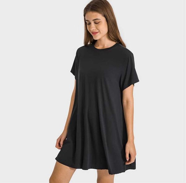 

l-159 french round neck yoga clothes outdoor casual dresses skin friendly nake feeling t-shirt dress soft loose pleated skirts fashion brand, Black;gray