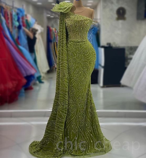 

2023 Aso Ebi Green Mermaid Prom Dress Crystals Sequined Evening Formal Party Second Reception Birthday Bridesmaid Engagement Gowns Dresses Robe De Soiree ZJ692, Customize