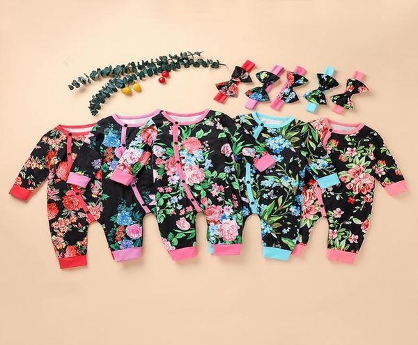 

kids clothes girls floral print rompers infant buttons flowers jumpsuits with headbands spring autumn boutique baby clothes z13098998027, Blue