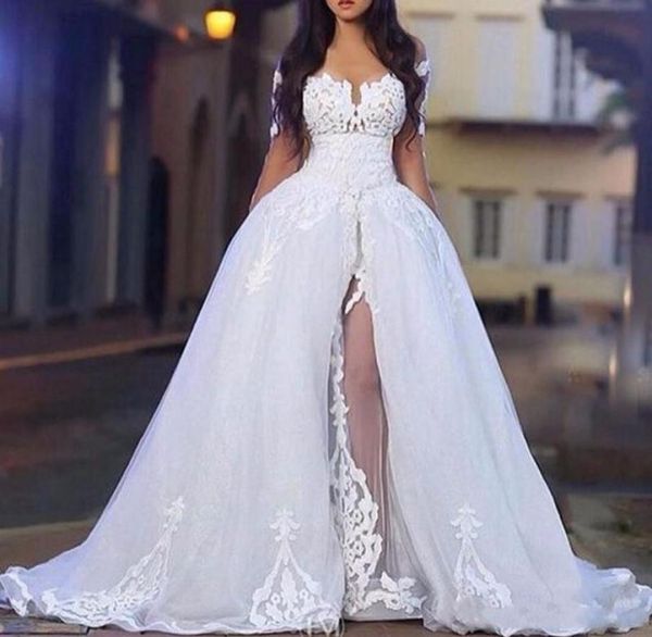 

elegant off shoulder wedding dress with overskirt long sleeve lace bridal ball gowns detachable train9326591, White