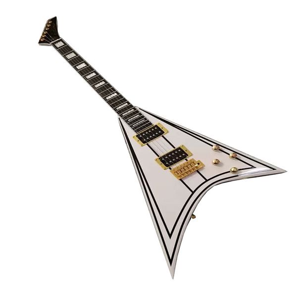 

black pinstripe white flying v-shaped electric guitar gold hardware block new