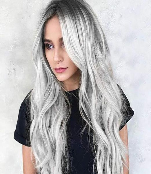 

ombre silver wavy wig gray long curly hair wigs with air bangs with wig cap cosplay halloween for women4574235, Black