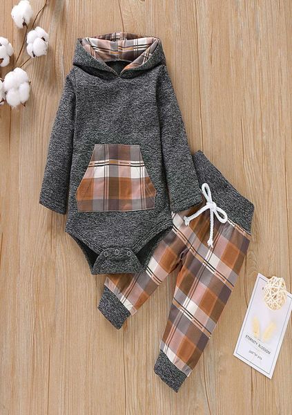 

infant boys girls children kids baby clothes set plaid hooded pullover romper bodysuit pants boutique clothes outfits tracksuit y25467791, White