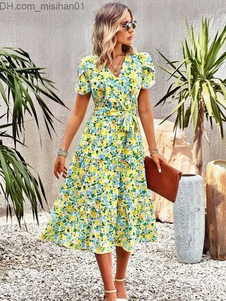 

casual dresses basic casual dresses bohemia women dress elegant floral print ruffles summer ladies vneck split midi vintage party 230627 z23, Black;gray