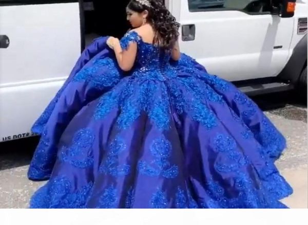 

royal blue satin charro quinceanera dresses cupcake ball gowns prom 2020 off the shoulder lace crystal mexican sweet 16 dress vest2668608, Blue;red