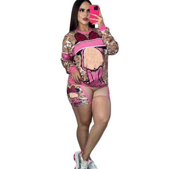 

women's tracksuits casual women clothing o-neck hoodies sweatshirts and cartoon jogger shorts plaid v print 2 two piece set outfits ch2, Gray