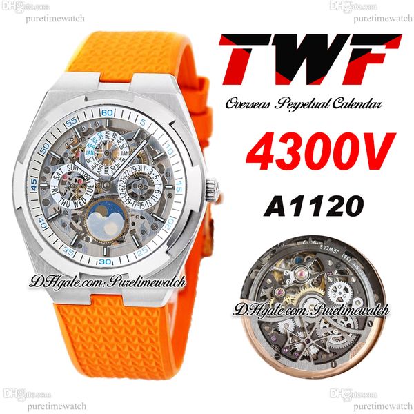 

twf overseas perpetual calendar moonphase 4300v a1120 automatic mens watch steel white skeleton dial orange rubber super version reloj hombr, Slivery;brown