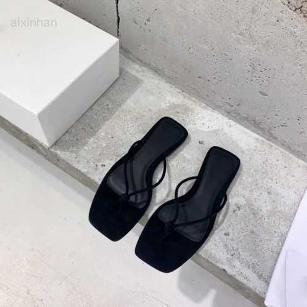 

2023 summer new outgoing casual square head fashion slippers herringbone leather simple and versatile beach women's shoes, Black