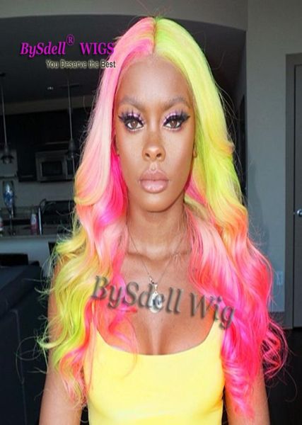 

long pastel rainbow hair wig synthetic rainbow color pink fluorescent green ombre hair lace front wig mermaid cosplay party wigs2254955, Black