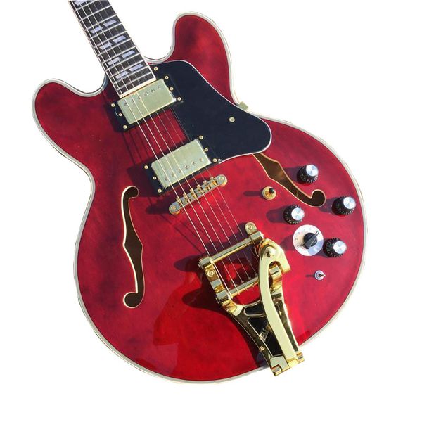 

new customized transparent red half hollow jazz electric guitar vibrato system