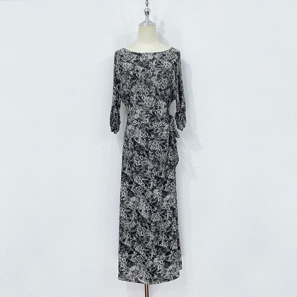 

designer dress silk black and white floral printed long dress, Black;gray
