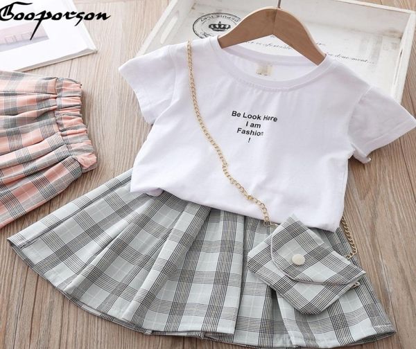 

summer kids clothes letter shirtplaid skirt with bag cute little girls clothing set fashion korean toddler girl outfits 2103098720881, White