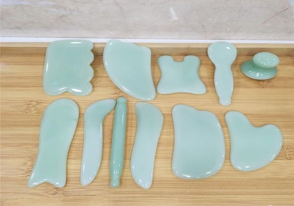 

11pcsset natural green jade guasha gua sha board scraching facial eyes scraping gua sha spa massage health care beauty massager1803701