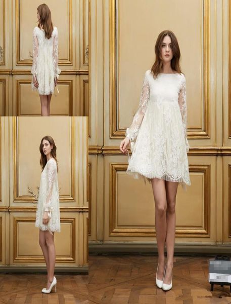 

romantic lace short wedding dress long sleeve bateau neck high waistline mini bridal gowns elegant custom size7357794, White