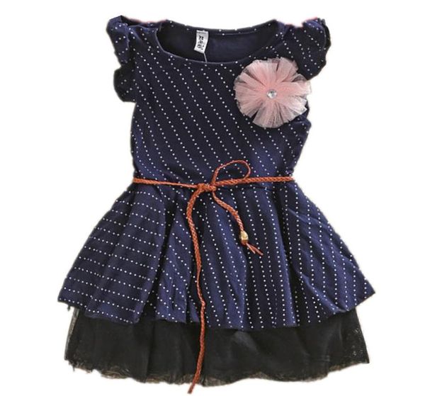 

girls dresses new fashion dark blue sleeveless dots stripe flower kids girl dress with belt summer5562406, Red;yellow