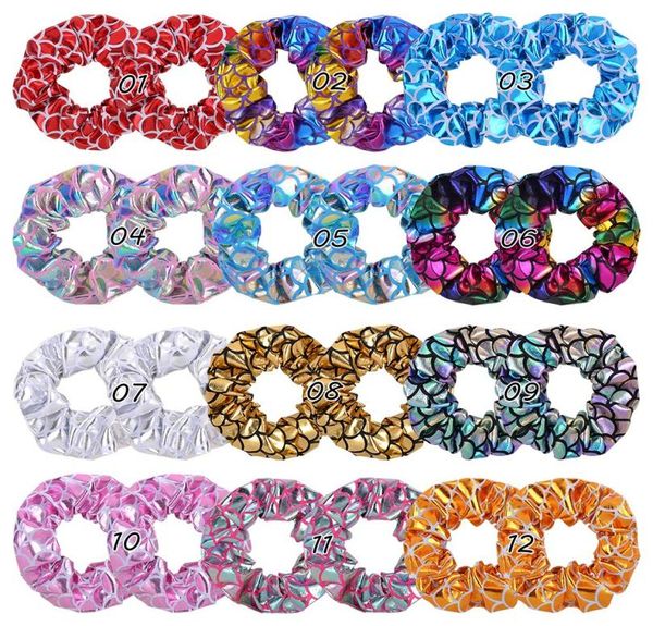 

12 colors ponytail holder scale hair scrunchy elastic laser hair bands scrunchy hairbands ties ropes for women girls9021629, Slivery;white