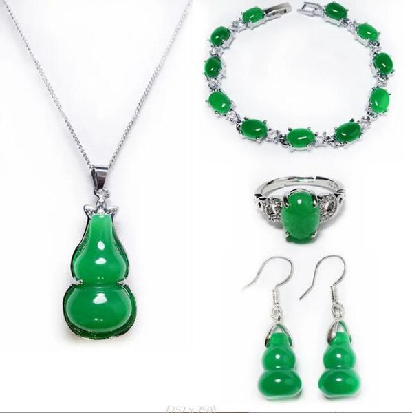 

cute little gourd green malay jade 925 silver pendant necklace ring bracelet earrings set 4 piece jewelry set, Black