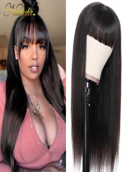 

nadula wig 13x4 transparent lace front human hair wig with bangs brazilian straight lace remy hair glueless natural color3331999, Black;brown