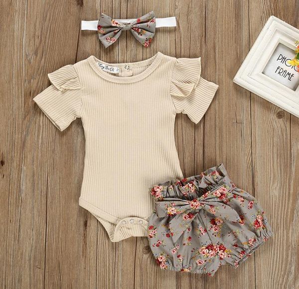 

3pcs baby girl clothes summer solid color cotton short sleeve romper flower pants headband outfits set newborn infant clothing 1021443033, White