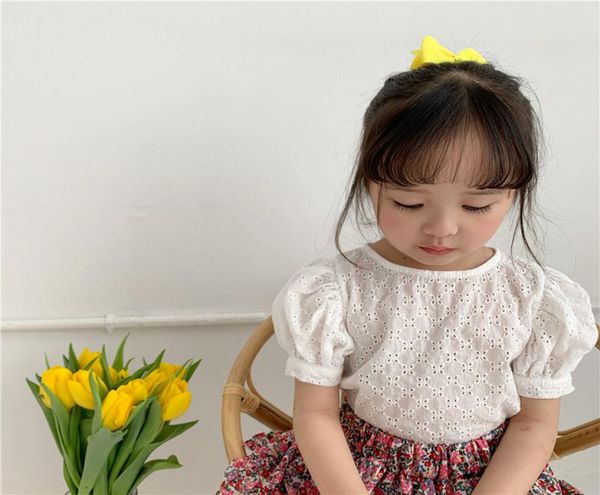 

2020 summer korean girls hollow out shirt girl cotton round neck puff sleeve shirts kids toddler baby short sleeve blouse y202071003, White;black