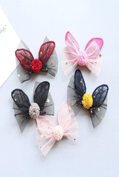 

boutique 20pcs fashion cute pom pom bow rabbit ears hairpins solid kawaii gauze bowknot animal ears hair clips princess headware1560779, Slivery;white